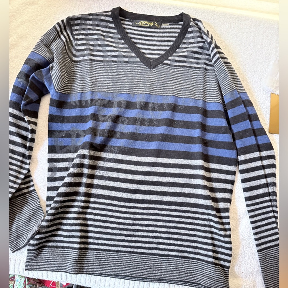 Ed Hardy Black and Blue Striped V-Neck Sweater - Picture 1 of 5